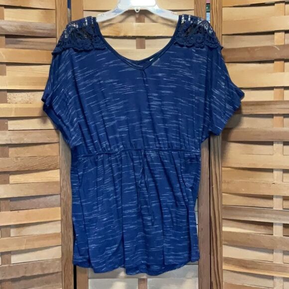 Faded Glory Blue Dolman Sleeve Blouse Relaxed Fit Women 1X 16 Polyester Crochet - Picture 1 of 8